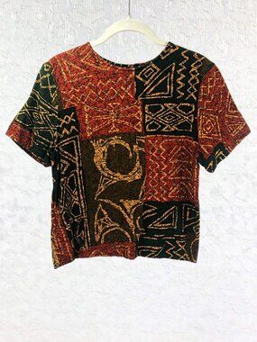 Sara Michelle Vintage 100% Rayon Short Sleeve Blouse Aztec-Inspired Print Size M